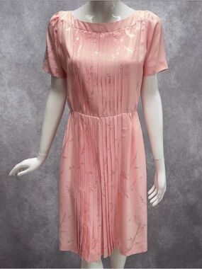 Vintage New Yorker Manila Philippines Silk Pink Jacquard Pleated Midi Dress, M